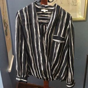 Pleione Sheer Black and White Striped Long Sleeve Blouse XL